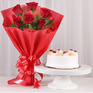 6 Kırmızı gül ve 4 kişilik yaş pasta  Kütahya hediye sevgilime hediye çiçek 