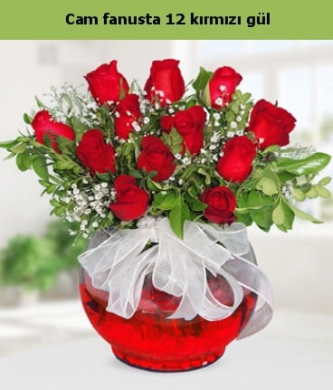 Cam içerisinde 12 adet kırmızı gül  Kütahya güvenli kaliteli hızlı çiçek 